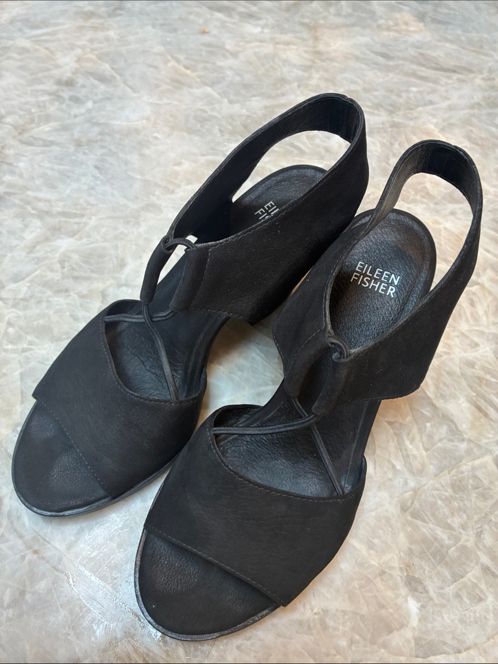 Eileen Fisher Black Suede Open-Toe Slingback Heels